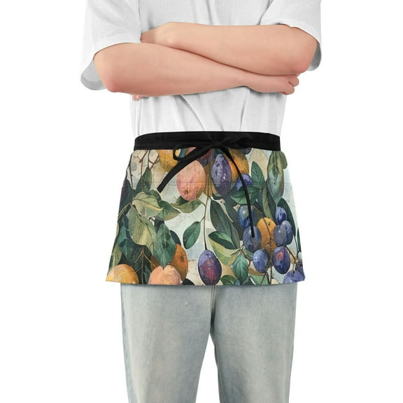 Fruit Leaves Print Waist Apron Adjustable Server Half Apron Kitchen Cooking with 3 Pockets for Men Women