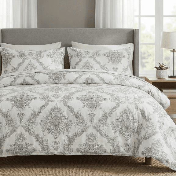 100% Cotton Duvet Cover Set – Elegant Damask Print, Soft & Breathable Bedding with Zipper and Corner Ties, 3-Piece Reversible Comforter Cover Set