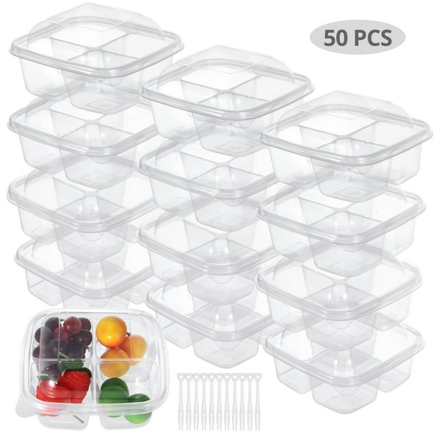 50 PCS Clear Plastic Food Boxes with 200 Plastic Forks, 4-Compartment Snack Fruit Yogurt Containers, Leakproof Food Containers with Lids, Divided Food Storage Containers for School Work Travel