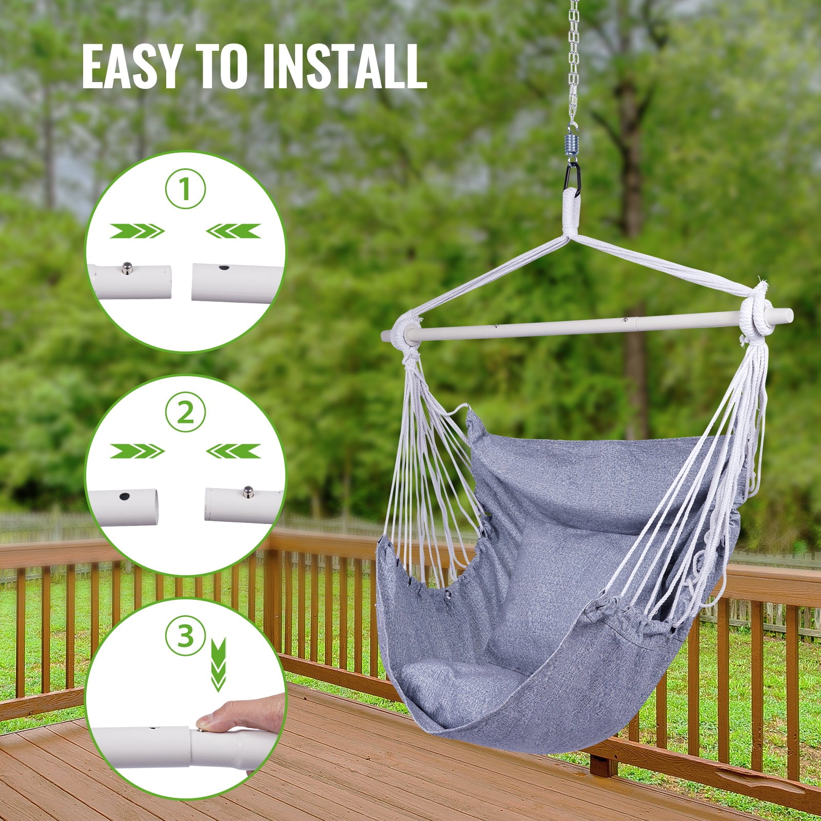 Backyard Expressions Hammock Chair Hanging Rope Swing Chair, 2 Pillows, Anti Slip Steel Spreader Bar