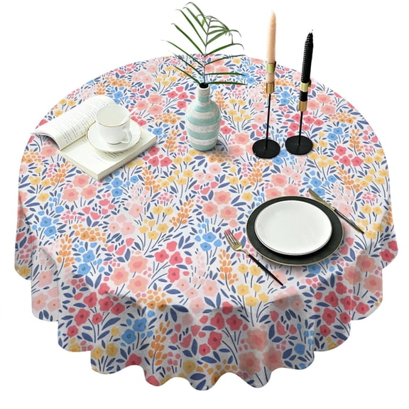Pink Pioneer Flower Pattern Round Tablecloth 60"x60",Wrinkle Wipeable Table Cloth for Kitchen Dining Room Picnic Patio Party