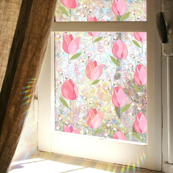 Double-Sided Sunlight Tulip Window Clings - Peel & Stick Removable Decals for Kids Room, Nursery Decor (18in Flowers Design, No Residue) Pink