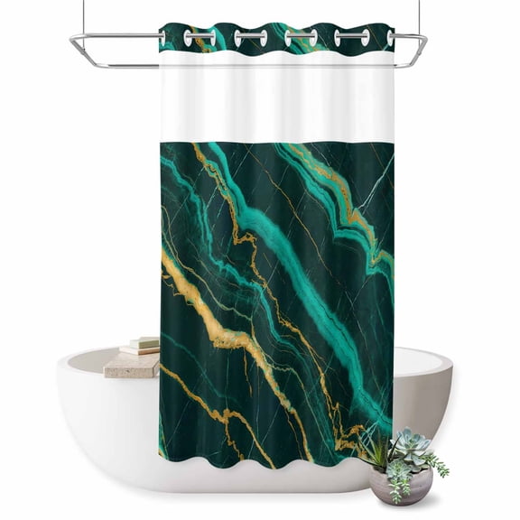 No Hook Shower Curtain with Built-in Rings - Green Abstract Marble Texture Washable Waterproof Fabric Bathroom Curtains for Hotel,Rentals, Stall 36 X 78 Inch , Gold Lines Cracks