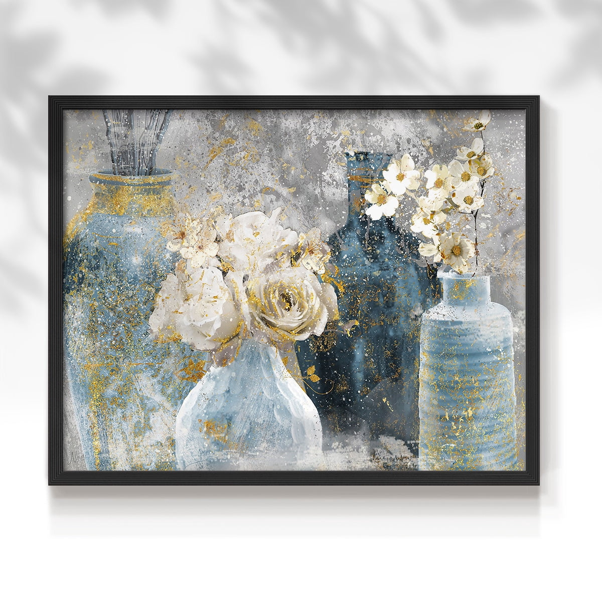 Vessels and Blooms Blues by Nan - Restickable Framed Giclée Print
