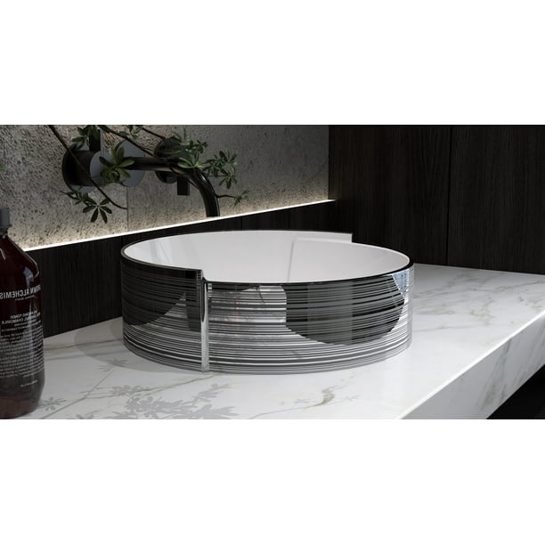 MEJE 16.75 Inch ELEGANT Silver Stripe Round Art Basin, Above Counter Bathroom Vessel Sink, Porcelain Ceramic Countertop Sink(Include pop up drain)