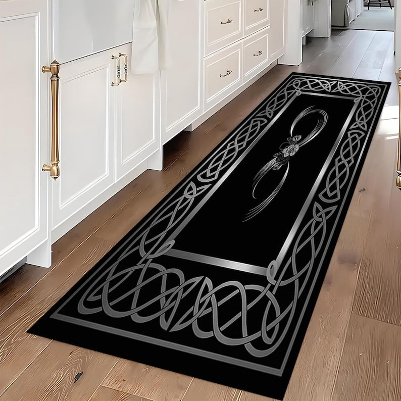 Washable Black Silver Rug, Black Silver Runner Rug, Black Silver Long Rug, Black Silver Entry Rug, Elegant Entryway Rug, Corridor Rug, Washable Rug 60x18in/5x1.5ft