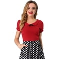 thumbnail image 3 of INSPIRE CHIC Top de blusa con decoración de lazo elástico de manga corta con cuello plano para mujer rojo XS, 3 of 6