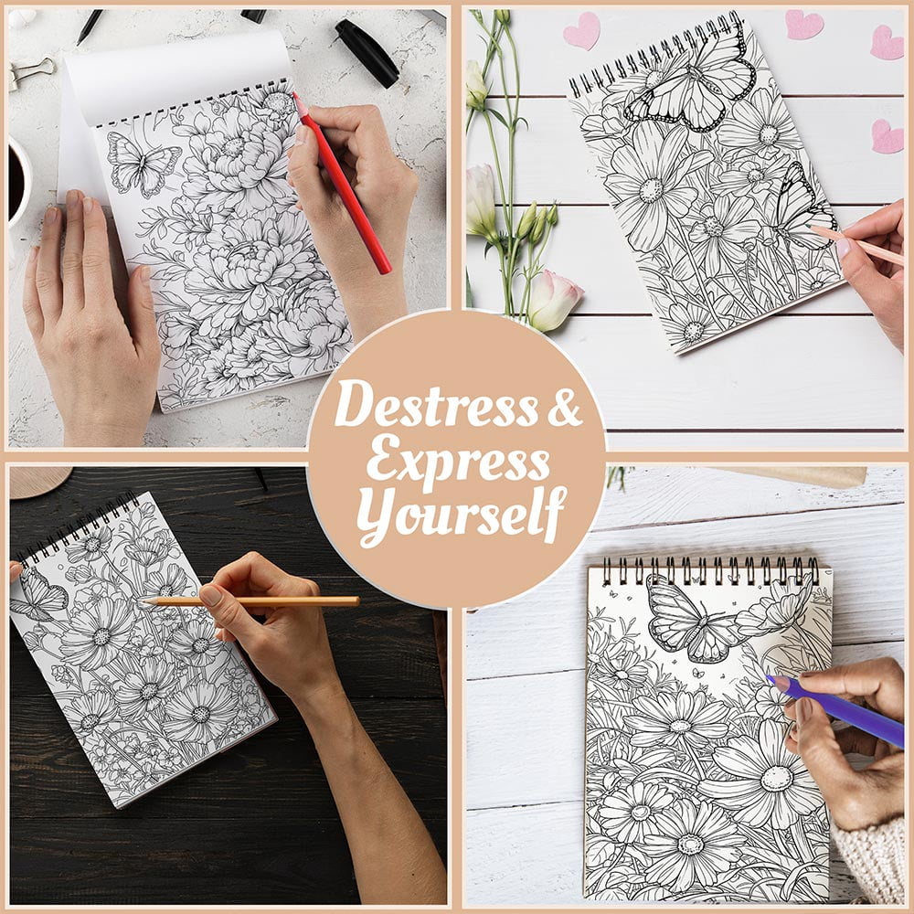 Netecom Butterflies, Rainbows and Flowers Coloring Book Spiral Bound For Adults, A5 Wooden Cover, 30 Beautiful Coloring Pages of Nature's Wonders for Stress Relief and Relaxation