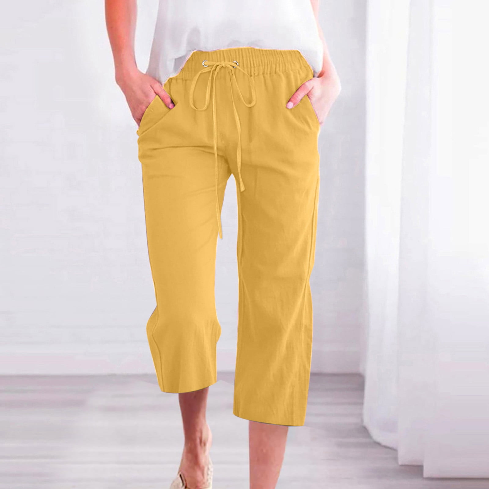 Womens Casual Cotton Linen Pants Summer Capris 2023 Drawstring Elastic  Wasit Cropped Leg Pants Plus Size Wide Leg Lounge Pants(M,Yellow)