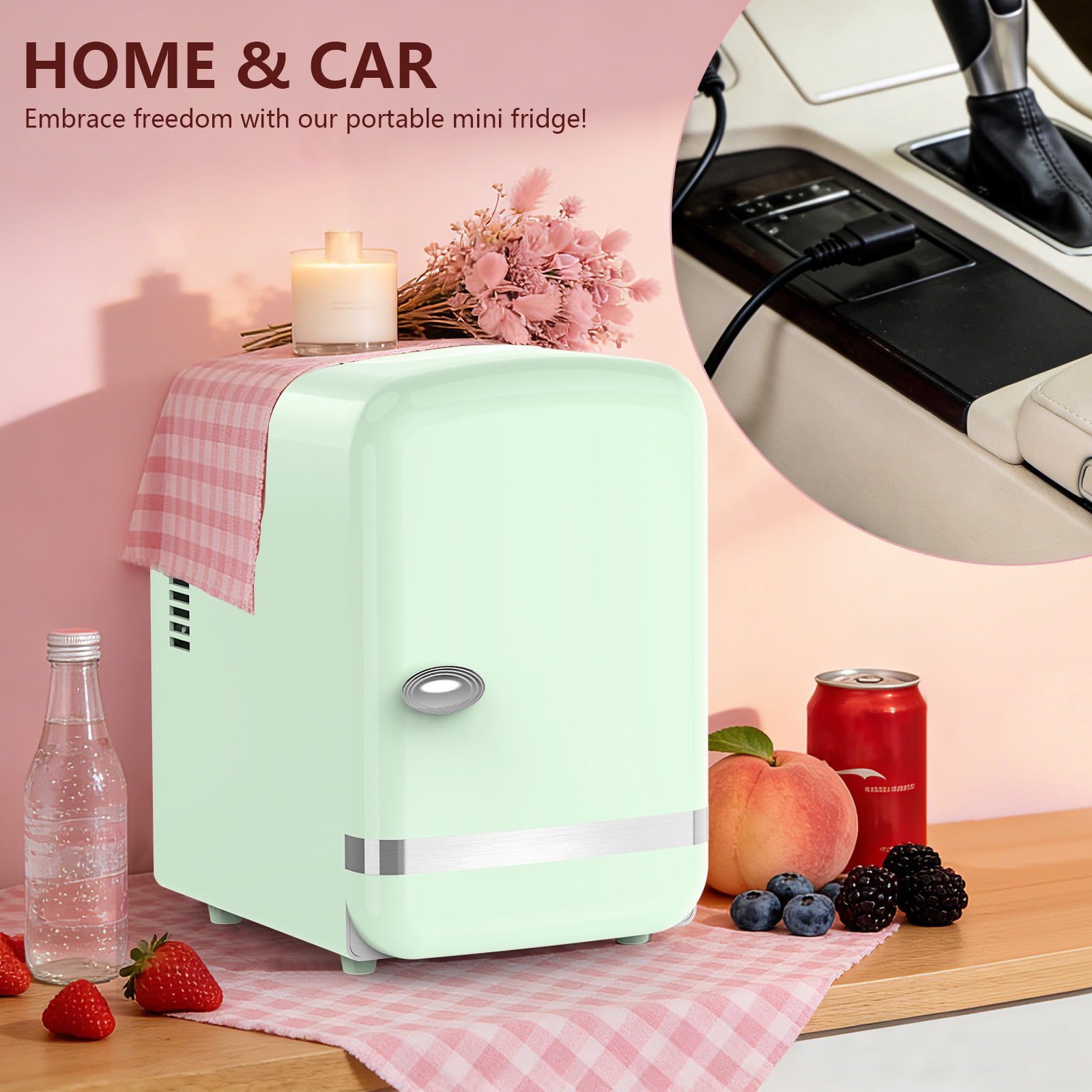 KNDKO Mini Fridge, 4L/6 Cans Cooler and Warmer Compact Refrigerator Skincare, Makeup & Drink, Portable Desk Fridge for Car, Office, Dorm, Green