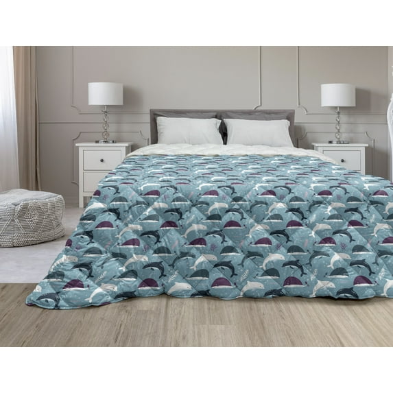 Nautical Down Alternative Comforter, Summer Marine Themed Pattern with Whales and Fishes Underwater, Microfiber Quilt for All Season, 5 Sizes, Pastel Purple and Multicolor, by Ambesonne