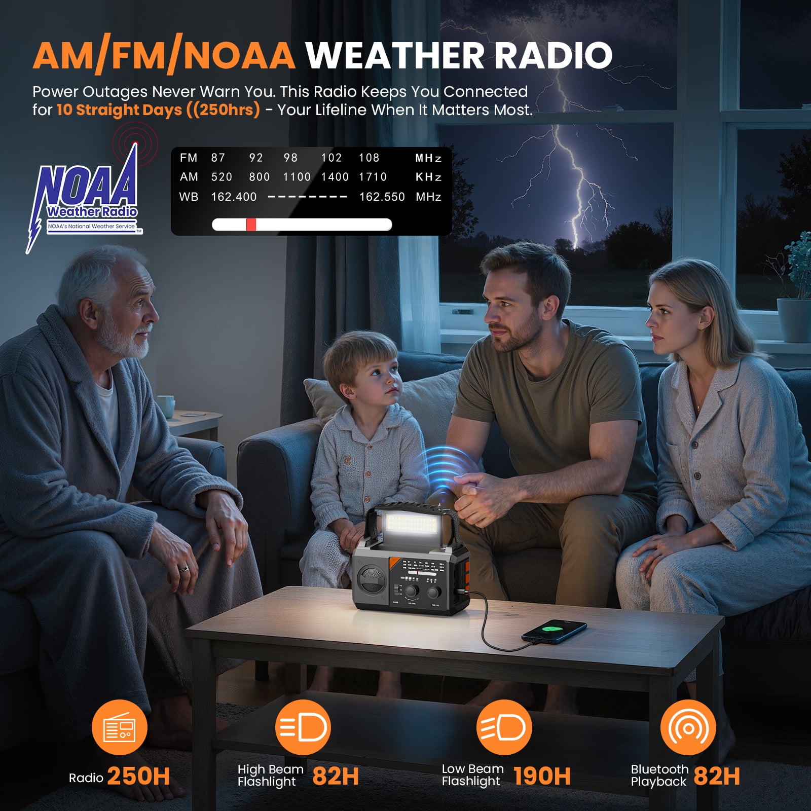 AUOSHI 30000mAh Weather Radio, NOAA/AM/FM Emergency Radio with USB/Solar/Hand Crank Charging, Flashlight, SOS Alarm, Compass, Battery Operated for Hurricane Preparedness, Gray