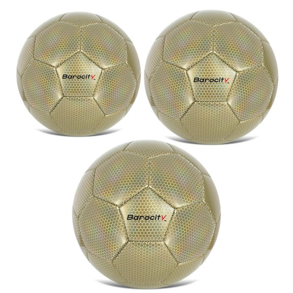 Barocity Iridescent Soccer Balls Set of 3 - Mixed Sizes Gold Official Match Balls with Reflective Hex Pattern, Sport Soccer Balls for Indoor and Outdoor Training and Practice Games- Sizes 3, 4, and 5