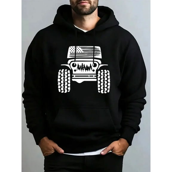 Men'S Heavy-Duty Truck Graphic Hoodie - Olive Green Pullover Sweatshirt with Flag & Monster Truck Design, Regular Fit Long Sleeve Hooded Sweater for Outdoor, Truck Enthusiasts (spring/fall)