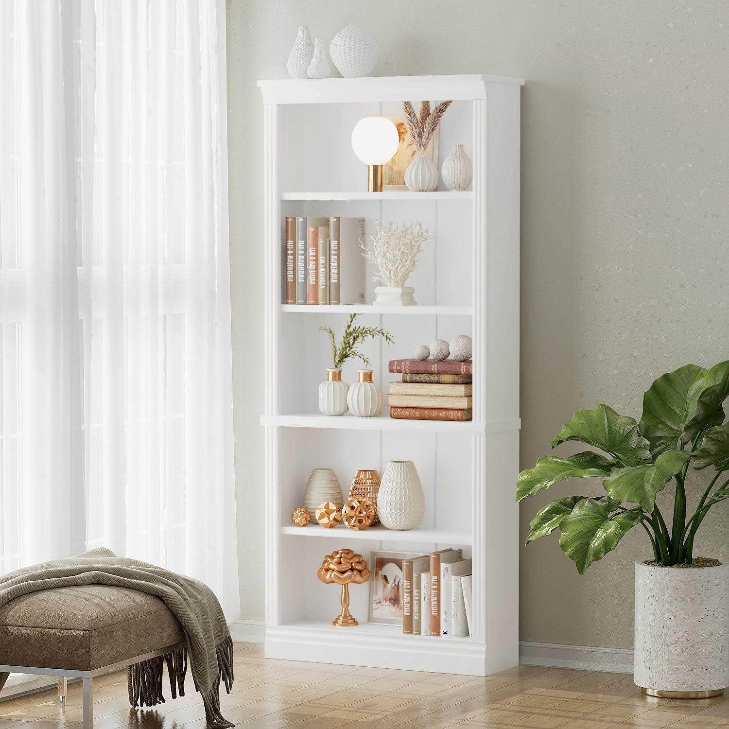 5-Shelf Bookcase, Wooden Freestanding Bookshelf Storage Rack, Open Display Shelf Organizer for Living Room, Bedroom, Home Office (White)