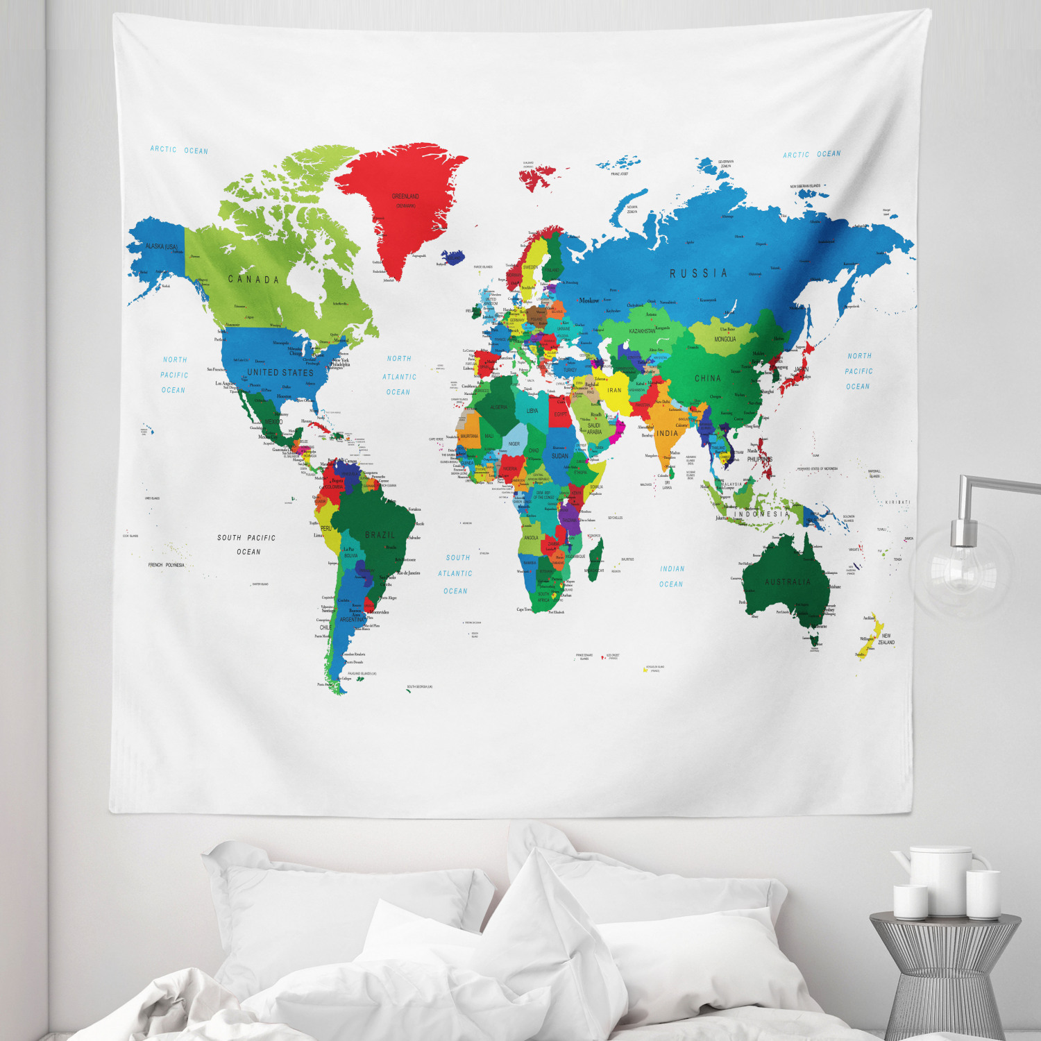 World Map Tapestry, Colorful Political Map Borders Between Countries ...