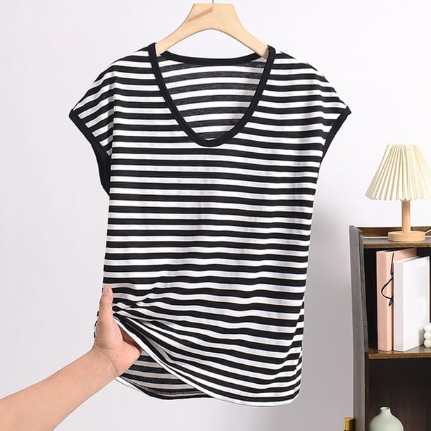 Pijama de manga corta para mujer, informal, holgado, a rayas, con cuello redondo, de verano, fino, de poliéster