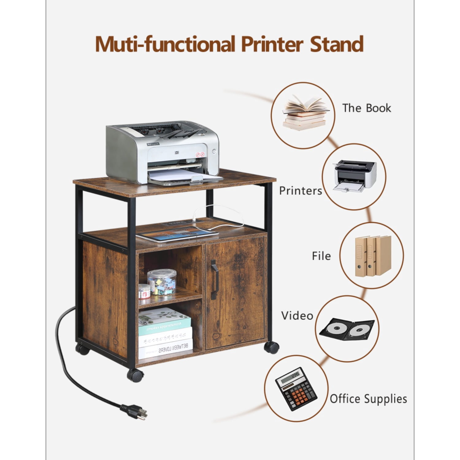 File Cabinet,Office Filing Cabinets with Socket and USB Charging Port,Printer Stand with Storage for A4, Letter Size,Metal Side Frame ,Easy Installationfor Home Office, Rustic Brown+Black
