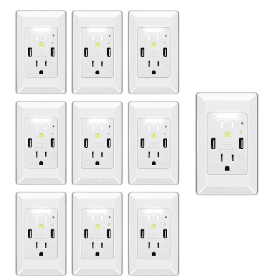 Night Light Outlet,NineLeaf 4.2A High Speed Duplex Receptacle with 2 USB Electrical ,Auto Nightlight Sensor and Wall Plates for Home Office Dorm Room,White,10 Pack