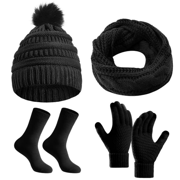 FEOYA Womens Beanie Hat Scarf Gloves Socks Set 4 Pieces Winter Warm Knit Hats Touchscreen Gloves Scarf Socks Black