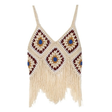 Women Boho Crochet Sleeveless Crop Top with Fringe Tassels Hem Deep V-Neck Multicolor Plaid Knitted Camisole Sling Vest Beachwear