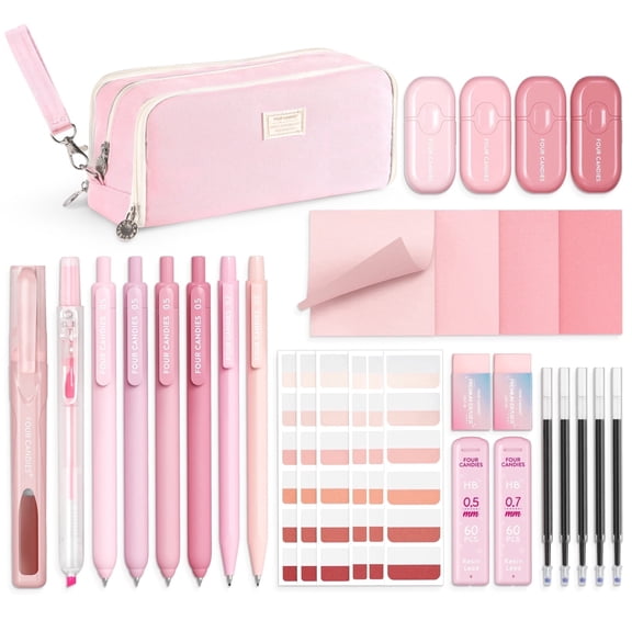 Four Candies Aesthetic School Supplies with Pink Pencil Case, 4 Gel Pens with Black Ink, 4 Correction Tapes, 2 Pastel Highlighters, 2 Mechanical Pencils, Sticky Notes, Index Post, Back to School