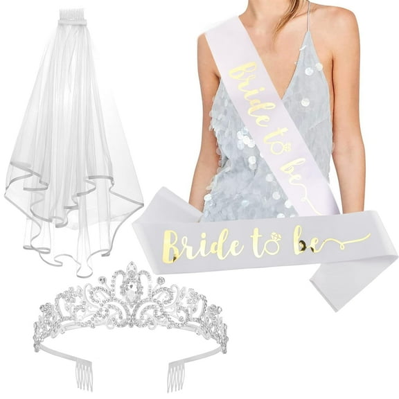 3 Pack Bachelorette Party Decorations - Crystal Crown, Bride To Be Sash & Wedding Veil for Bachelorette Party Favors Bridal Shower Gifts for Bride
