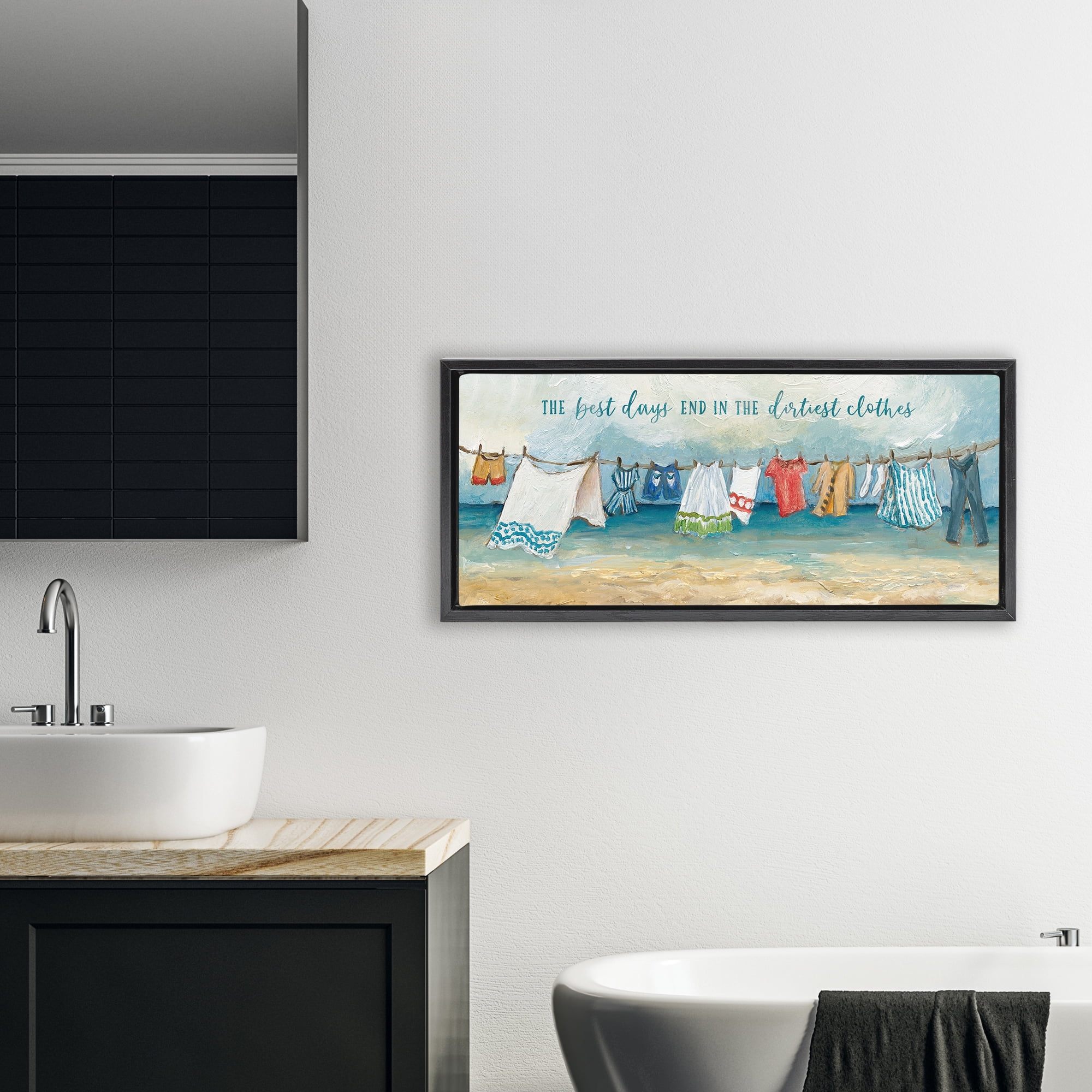 Stupell Industries Clothesline By The Sea Black Framed Floater Canvas Wall Art, design by Charlene Olson