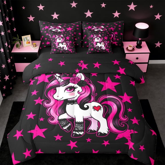 Erosebridal Unicorn Girls 7-Piece Twin Bedding Sets For Unicorn Lovers,Cute Pink Stars Print Bedding Comforter Set For Kids,Reversible Black