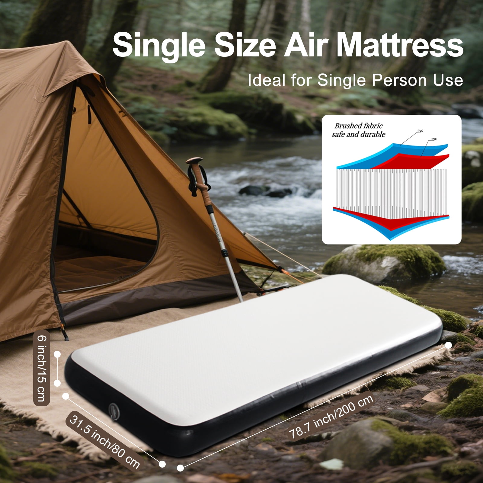 OZVMZQ Twin Size Inflatable Air Bed Mattress, 6'' Elevated Pad, with Pump, White, Hypo-Allergenic, Portable, Outdoor Camping Mat