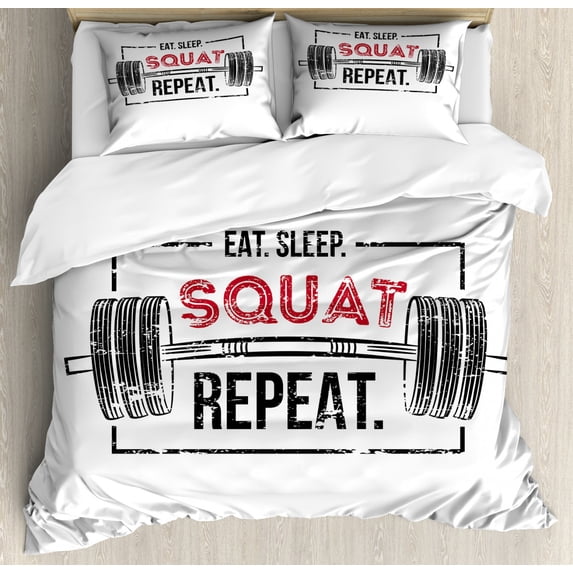 Sleep Duvet Cover Set King Size, Gym Motivational Words with Grunge Effect and Barbell Eat Sleep Squat, Decorative 3 Piece Bedding Set with 2 Pillow Shams, Vermilion Black, by Ambesonne