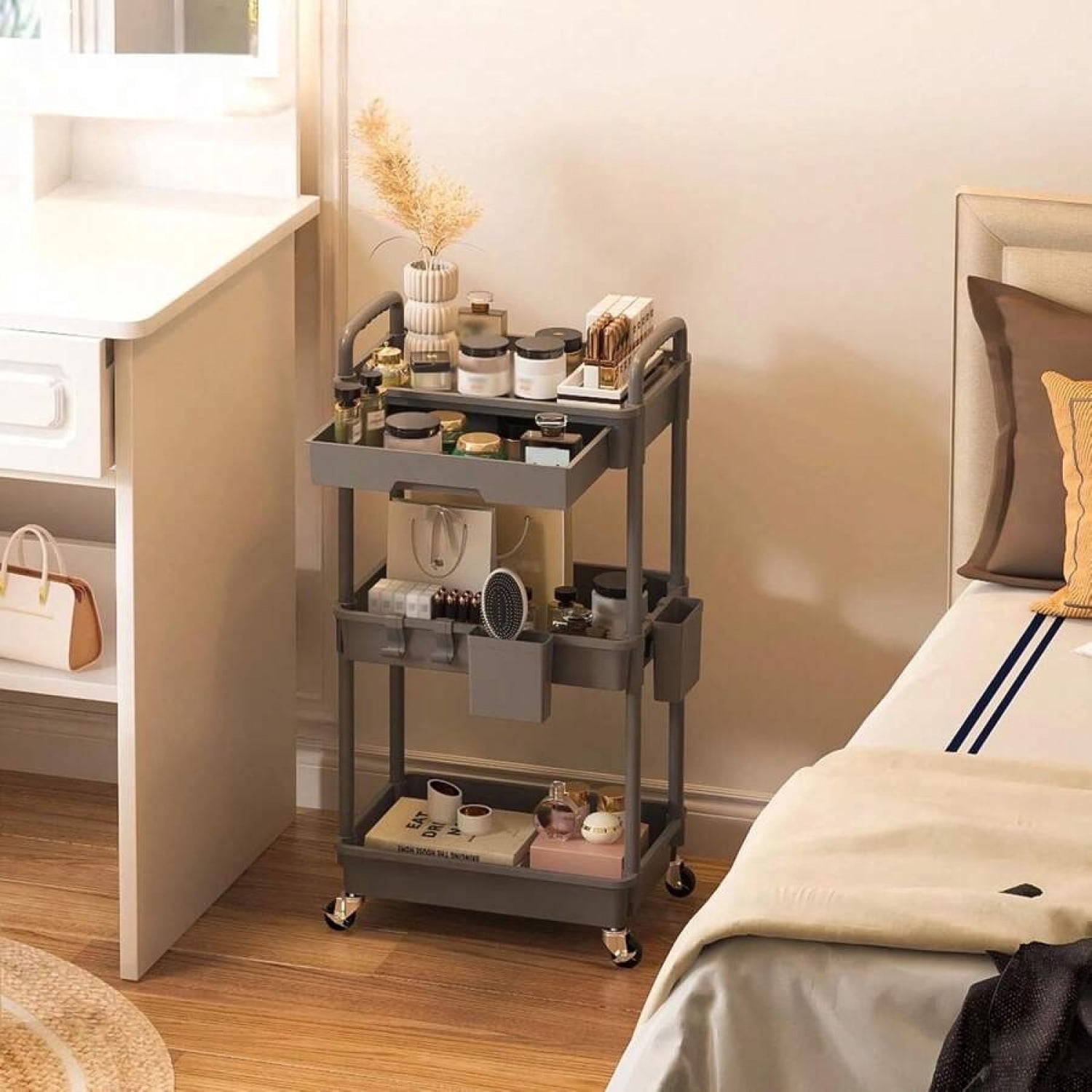NTGFU 3 Tier Rolling Storage Cart with Drawers,Room Decor,Bathroom Decor,Rolling Utility Cart Rolling Storage Organizer Tool for Kitchen,Bathroom,Living Room,Office Outdoor Decor - Grey