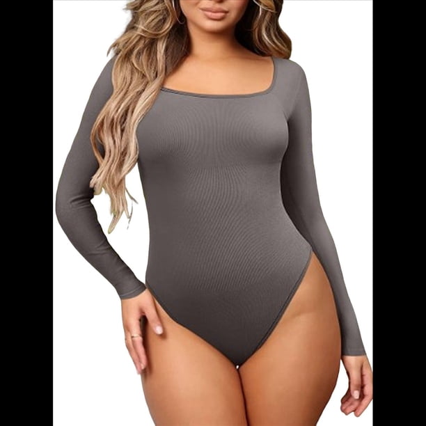 Body Sexy de Mujer con Cuello Cuadrado, Larga y Ribete Acanalado. Gris Oscuro S