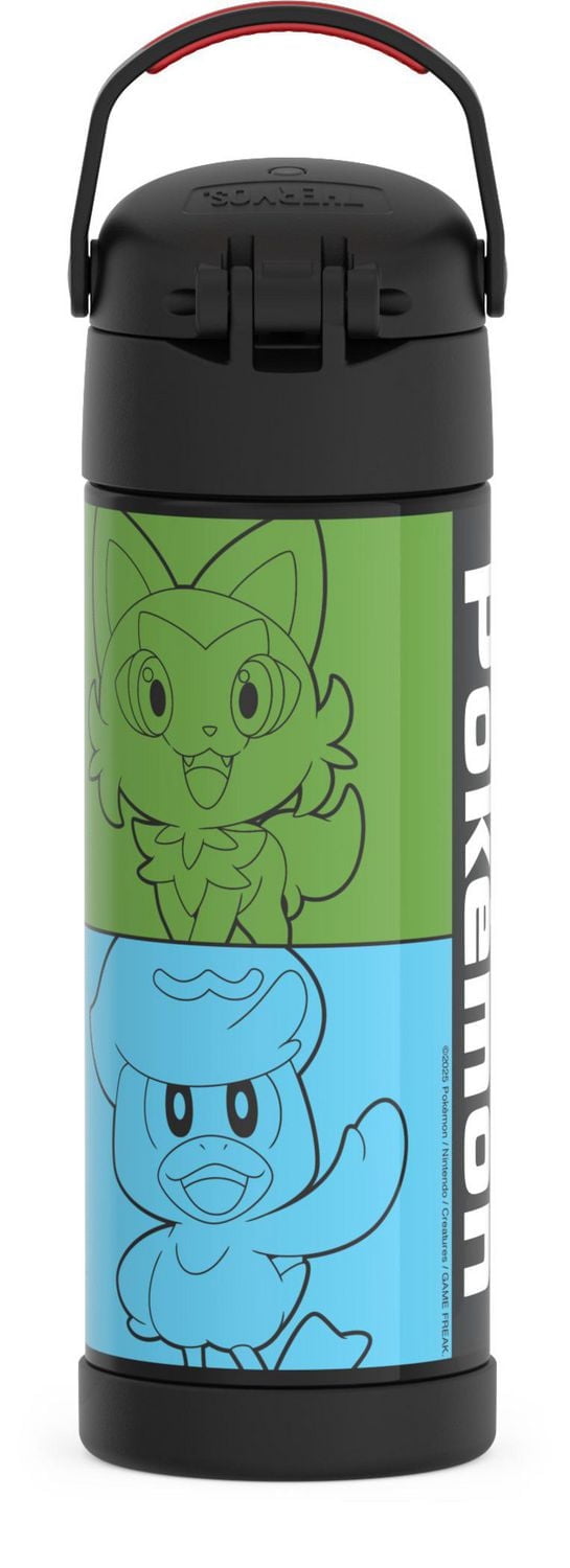 Thermos Kids Bouteille d'eau isotherme en acier inoxydable avec bec verseur et couvercle, 470 ml, Pokémon Bouteille, Noir