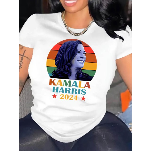 Kamala Harris 2024 Campaign Graphic Tee for Women - Vibrant Colorful Portrait Print, Casual Round Neck Short Sleeve T-Shirt, Comfortable Polyester Blend, Ideal for Summer & Sports