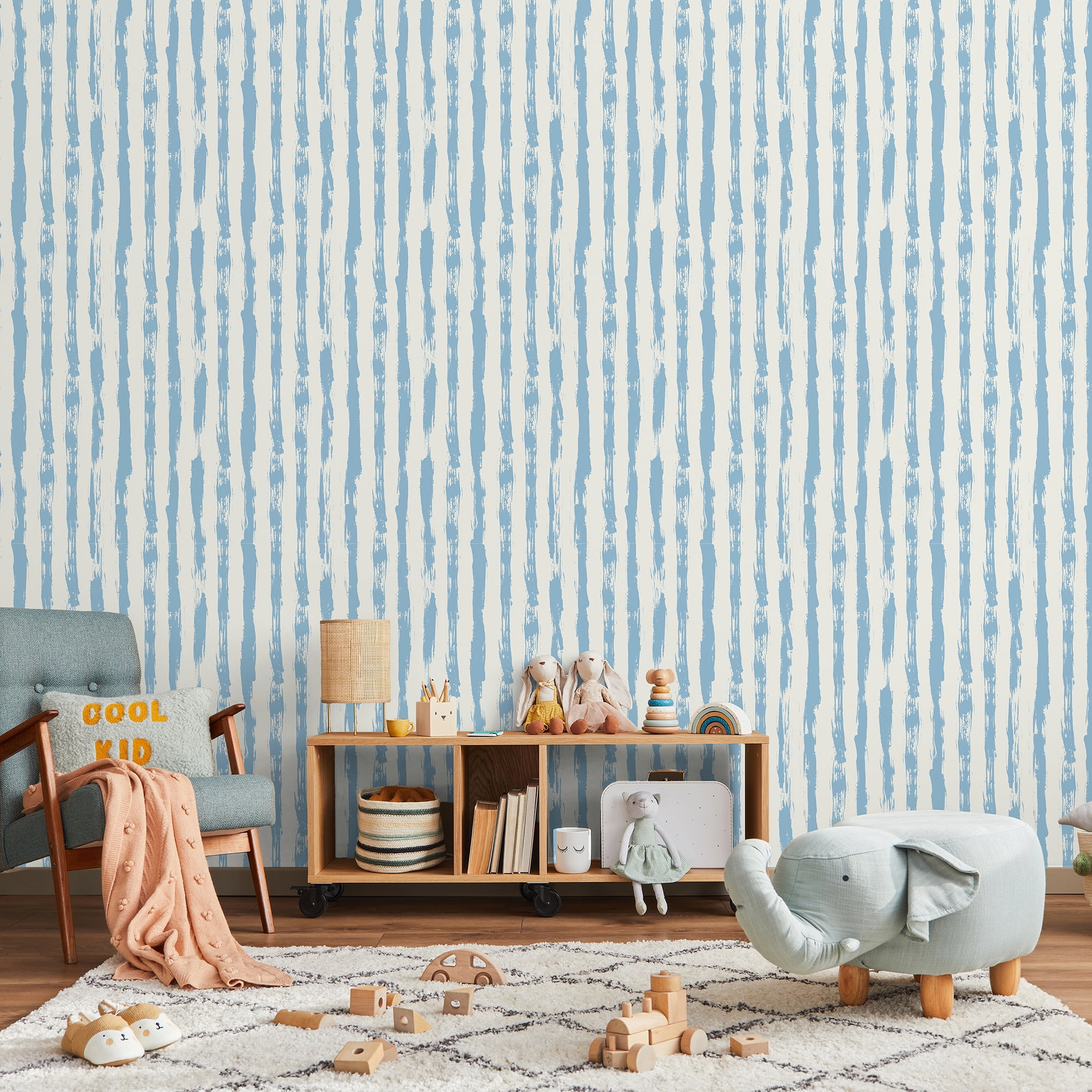 SimurgWallArts - Soft Blue Striped Peel and Stick Vinyl Wallpaper, Hand-Painted Style Nursery Mural, 19x118 in, 15,57 Sq. ft.