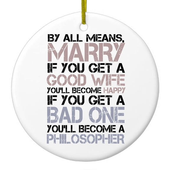 DistinctInk Hanging Ceramic Christmass Tree Ornament with Gold String - Great Gift / Present - 2 3/4 inch diameter - Marry - Good Wife Become Happy