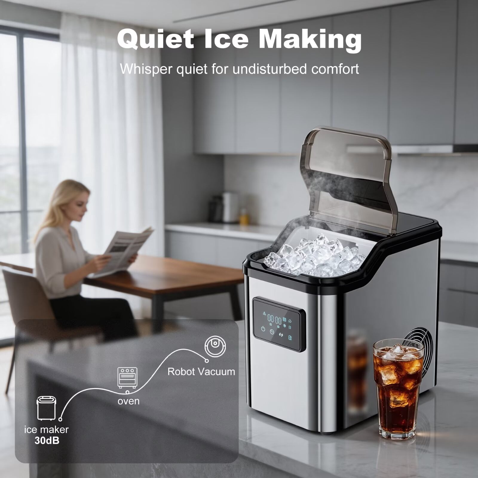 Nugget Ice Makers Countertop, 45lbs/Day Portable Pebble Ice Machine with Crushed Ice, Self-Cleaning, Pellet Ice Makers with Chewable Sonic Ice for Home, Kitchen, Camping, RV, Office