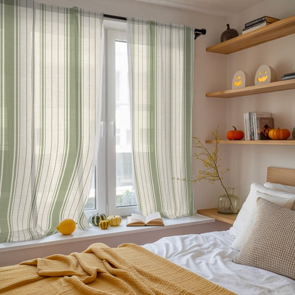 Sheer Curtains 63 Inches Long 2 Panels, Rustic Sage Green Stripe on Linen Rod Pocket Curtain Voile Draperies, Minimalist Line Texture Light Filtering Window Treatment for Living Room Kitchen Bedroom