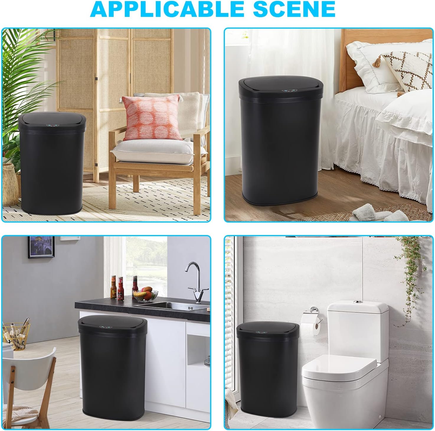 BIQWBIC 13 Gallon Automatic Trash Can, Touchless Stainless Steel Kitchen Garbage Can, Black
