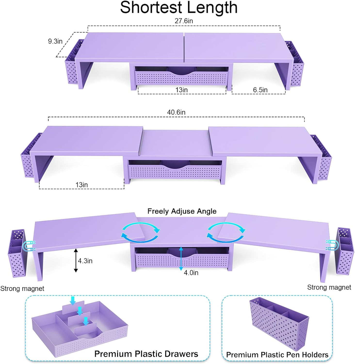 Dual Monitor Stand Riser with Organizer Drawer and Pen Holders, Purple Office Desk Accessory