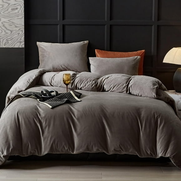 WARMDERN Khaki Velvet Duvet Cover King Size Flannel Duvet Cover Bedding Sets 3pcs Ultra Soft Luxury Textured Modern Crystal Velvet Duvet Covers with Zipper Closure(Khaki King)