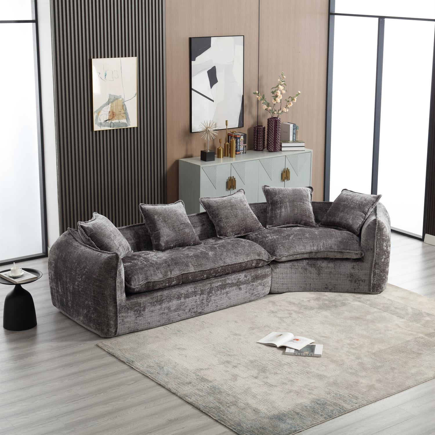Demi Bonn 125" Modern Modular U-Shaped Sectional Sofa, Spacious 5-Seat Chenille Fabric Couch with Plush Pillows for Living Room, Minimalist Cloud-Style, Gray