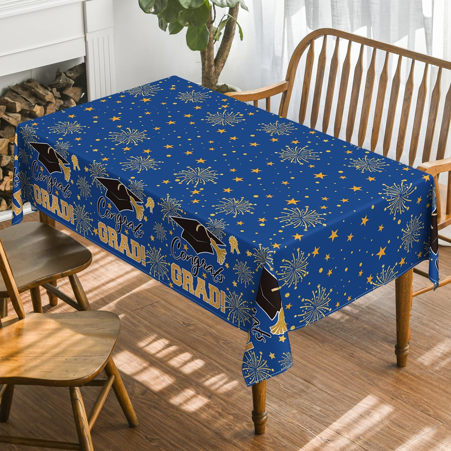 Graduation Rectangular Tablecloth 60×120 Inch, Blue Gold Bachelor Grad Cap Washable Table Cover for Party Picnic Dinner Decor