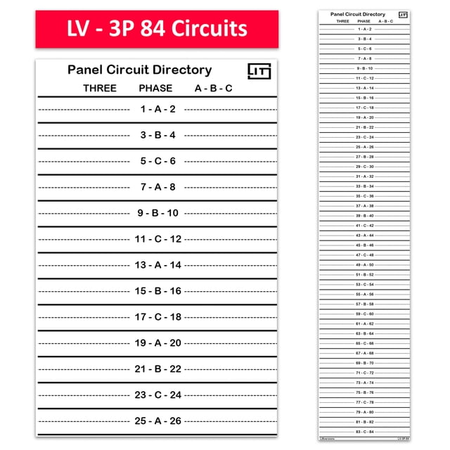 LV 208V 347V 480V 575V 600V 3 Phase Circuit Breaker Panel Directory Labels Stickers (84 Circuits 1 Pcs)