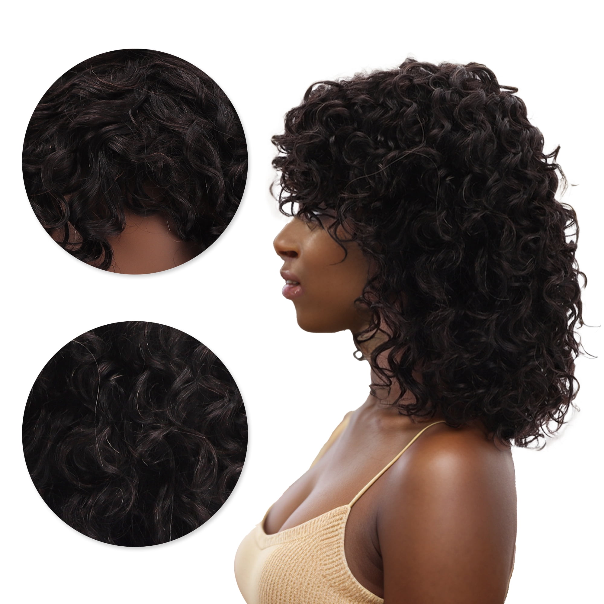 Unique Bargains 1 Pc Bangs Curly Hair Hair Wig Real Human Hair 12in 150 Human Wig Black for Women