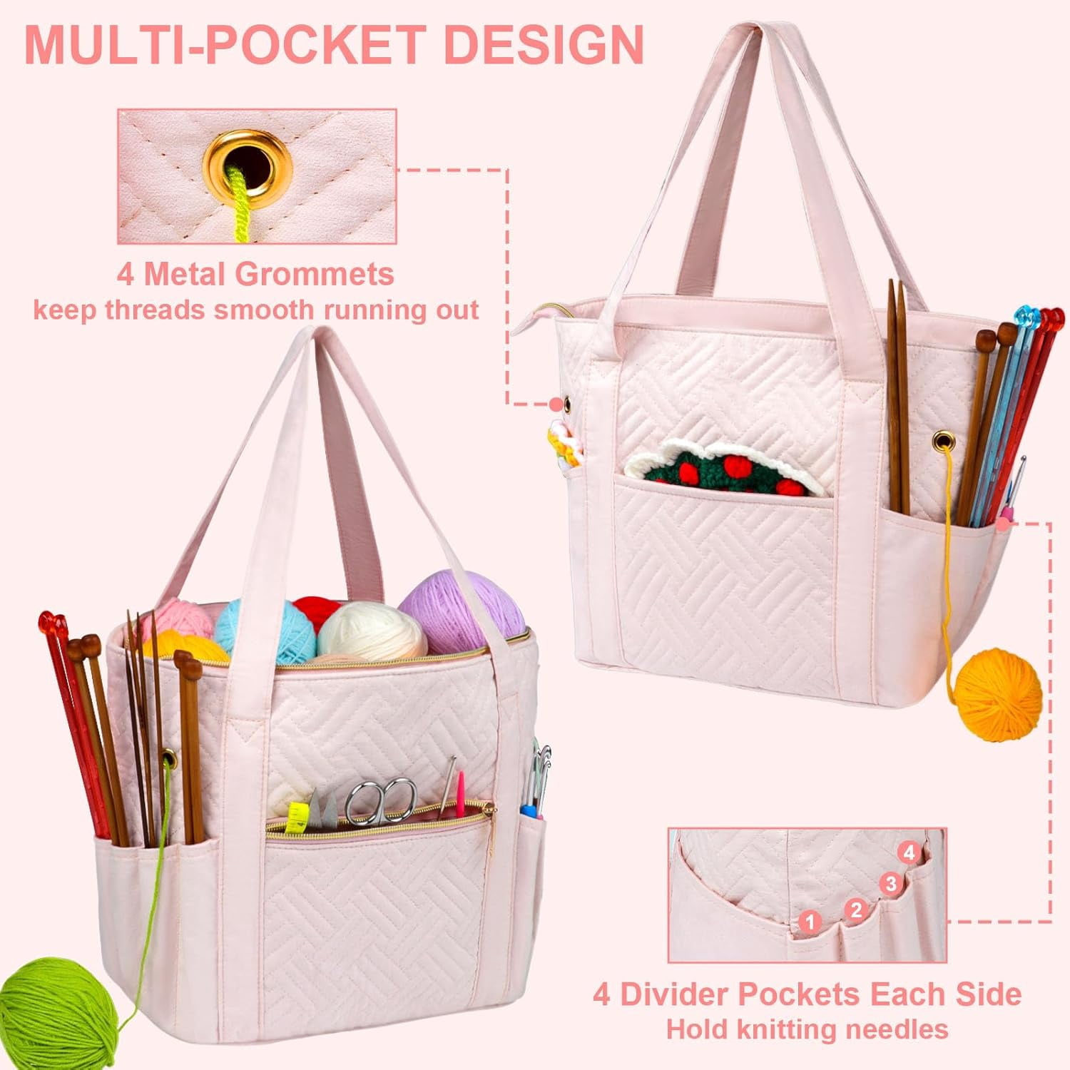 Crochet Bag Organizer for Yarn Storage, Velvet Knitting Tote Bag with Double Handle for Crochet Accessories, Portable Travel Case for Yarn Balls, Crochet Hooks& Knitting Needles Holder (Pink)