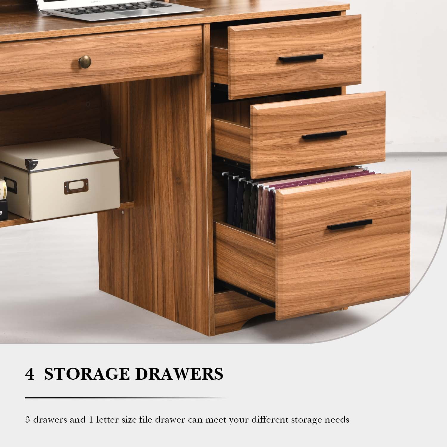 4 Ever Winner Wooden Computer Desk with Hutch Shelf and Storage, Brown