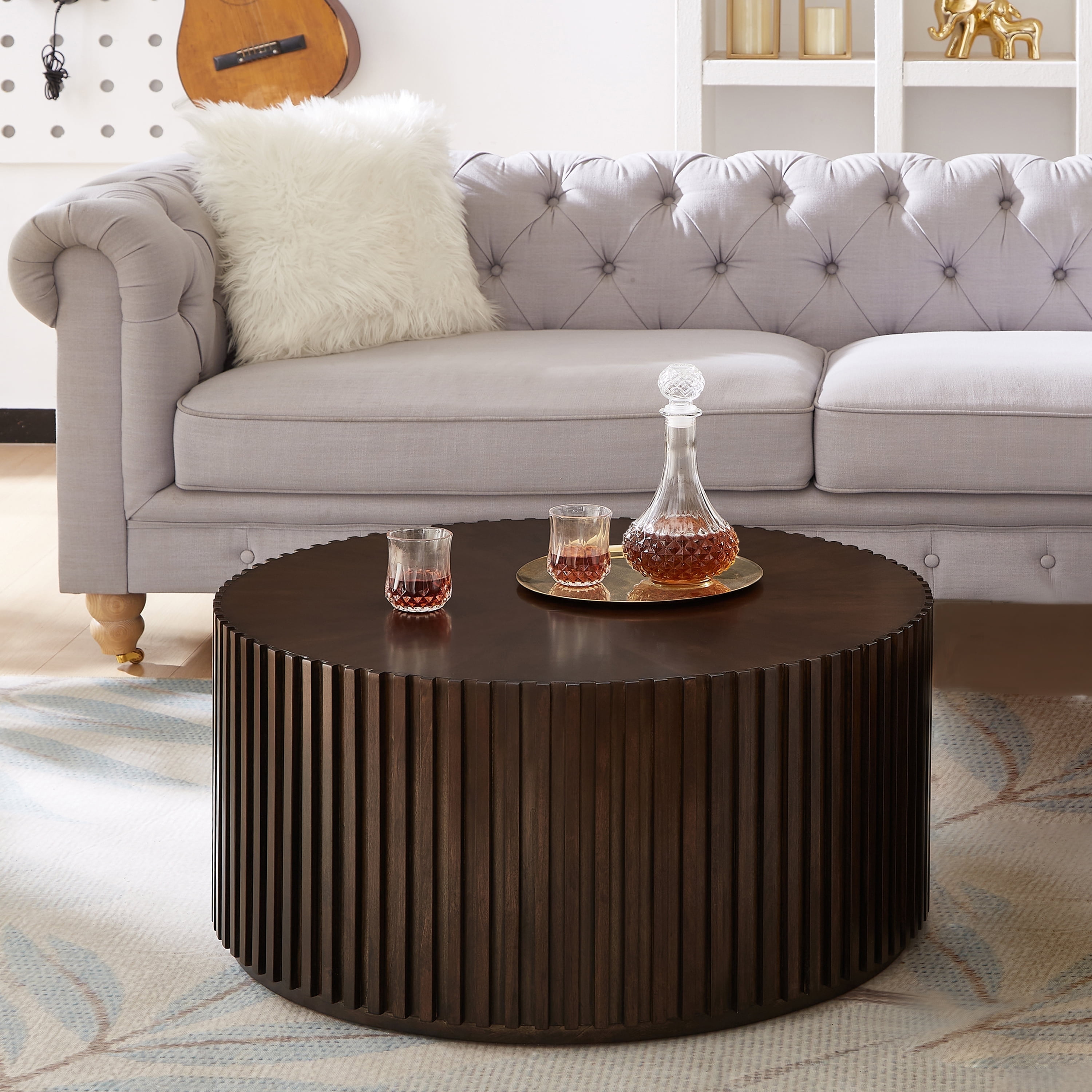Gexpusm Round Coffee Table, Solid Wood Center Table for Living Room, Circle Drum Coffee Table with Handcrafted Relief, Chocolate