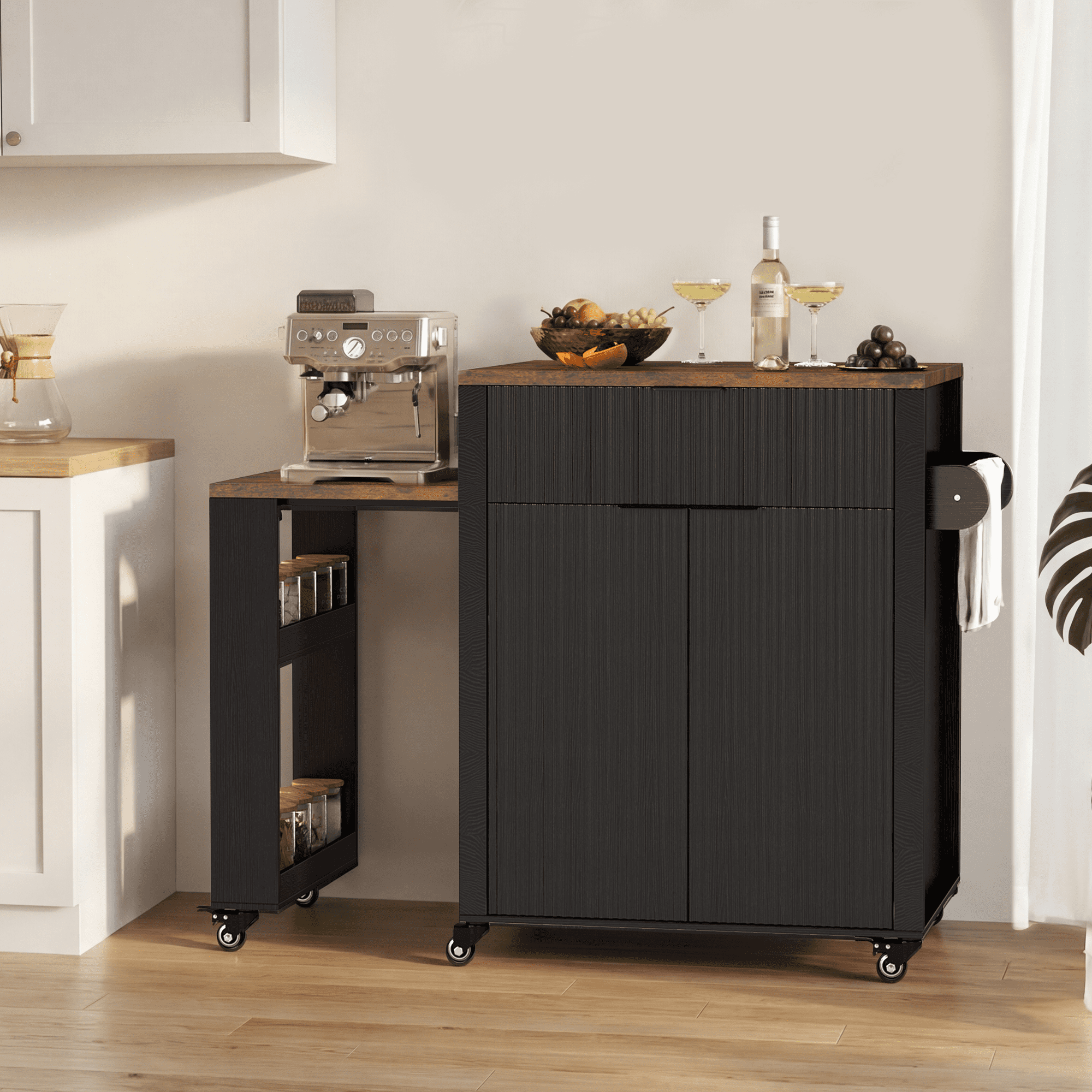 FOOWIN Kitchen Island with Extendable Dining Table, Mobile Island Table with Cabinets, Drawers, Power Outlets, Black